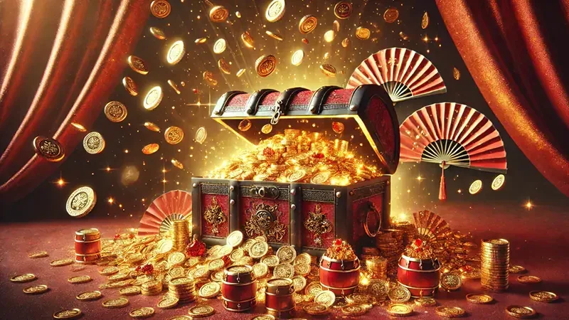 Layar slot dengan gulungan reel, simbol, dan area fitur permainan